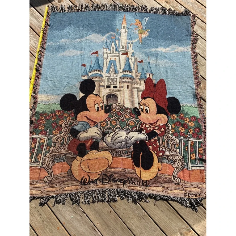 Vintage Walt Disney World Mickey Minnie Castle Woven Tapestry Throw Blanket